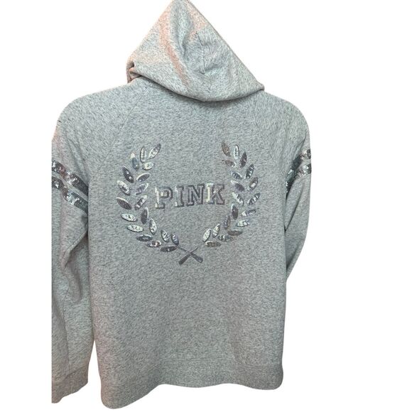 PINK Victoria's Secret Women's Heather Gray Fleece Glitter Full Zip Hoodie Large - Picture 4 of 7